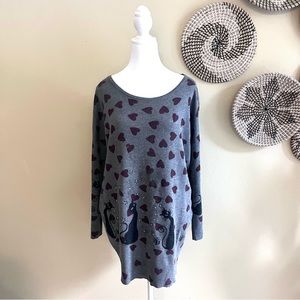 DJ & Ruju Grey Black Cat and Heart Crew Neck Long Sleeve Sweater with Rh…